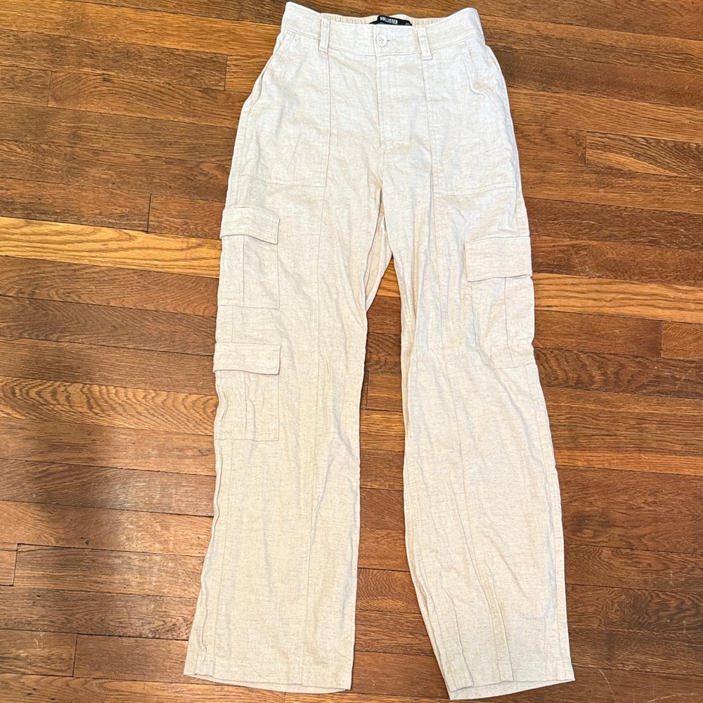 Beige Cargo Linen Pants